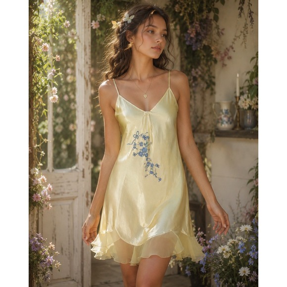 delicates Other - Secret Treasures Yellow Satin Slip Dress Chemise M Fairy Whimsical Nightgown